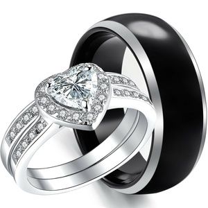 3PCS BLACK TUNGSTEN STAINLESS STEEL WEDDING RINGS